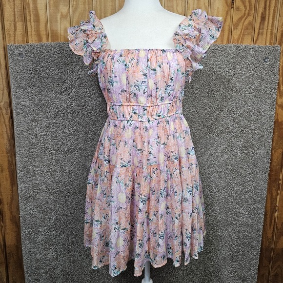 entro Dresses & Skirts - NWT Entro Mini Dress Womens L Floral Ruffle Sleeve Pink Orange Pastel